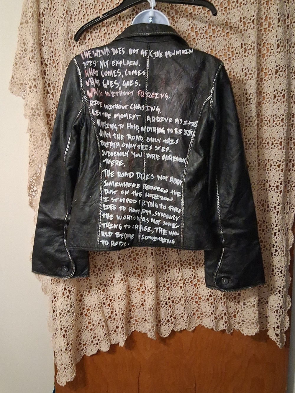 Black Hand-Painted Leather Jacket - Artistic Script Back